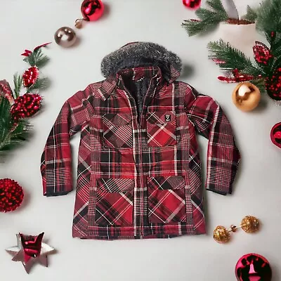 Vurt Men's Plaid Mid- Length Coat With Faux Fur Trimmed Detachable Hood Size L • $26.97