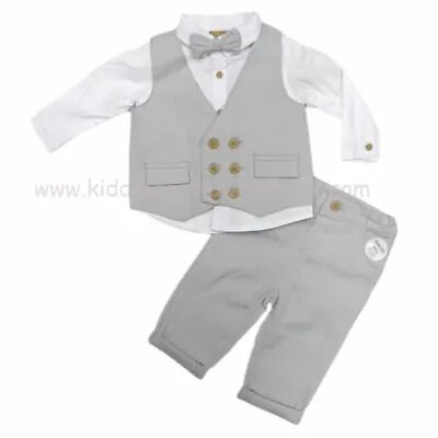 £23.99 • Buy Baby Boys Little Gent Formal Outfit Waistcoat Shirt Bow Tie & Trousers Grey Suit