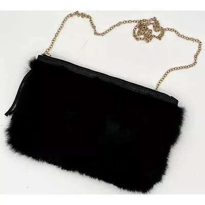 Vieta Clutch Handbag Faux Black Rabbit Fur With Gold Chain And Leather Tassel • $21.08