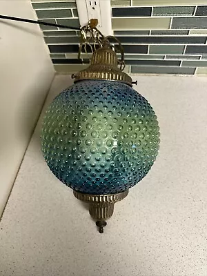 MCM Mid Century Swag Hanging Hobnail Ball Glass Lamp Blue Green Antique Brass • $125