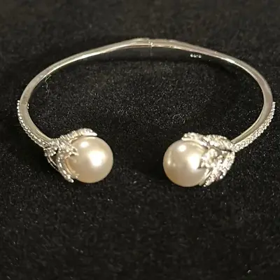EUC Nadri Silver Pearl And Crystal Hinge Bracelet • $23.20