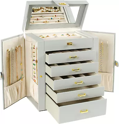 Large Jewelry Box Organizer Functional Lockable With Big Mirror Leather Jewelry • $71.05