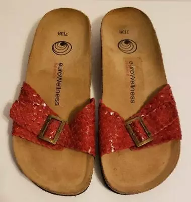 $33.20 • Buy EuroWellness Balance Womens Sz 7/38 Red Leather Sandals Arch Support Slides