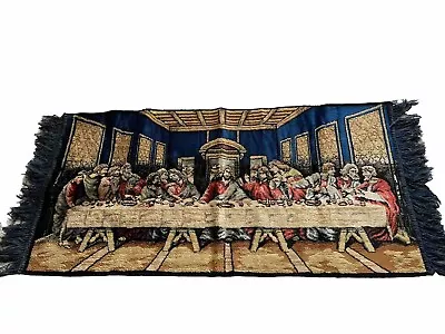 Vintage Velvet Tapestry Wall Hanging Rug Jesus “The Last Supper” 19X39” + Fringe • $14.99
