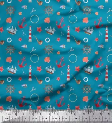 Soimoi Blue Cotton Poplin Fabric Ship WheelAnchor Hook & Yacht-n1b • $9.64