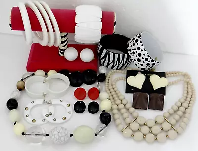 Vintage Jewelry Lot  1970s  1980s Retro Acrylic Lucite Black White Red & Beige • $12