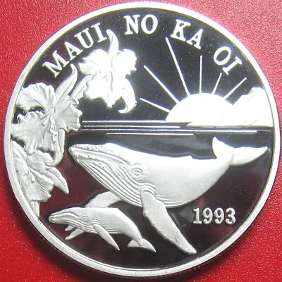 1993 HAWAII MAUI $1 TRADE DOLLAR 1 Oz SILVER PROOF WHALES FLOWERS SUN BOX+COA • $105