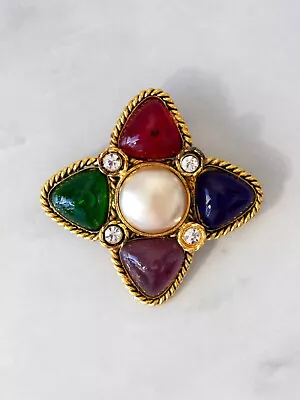 Chanel Vintage 1990s Gold Plated Gripoix Glass Pearl Multicolor Brooch • $2450