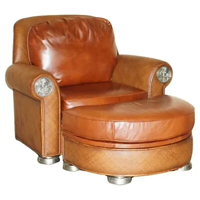 Thomasville Safari Leather Woven Armchair & Footstool Ottoman Brown Leather • £2950