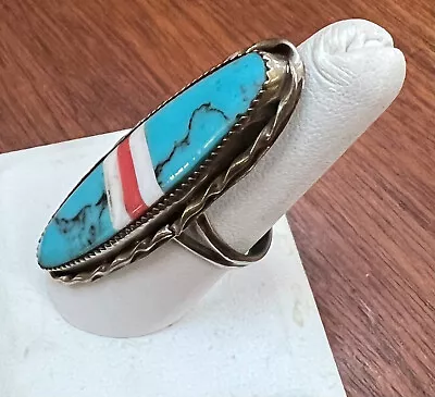 VINTAGE NATIVE AMERICAN  SILVER TURQUOISE & CORAL RING Size 8 Unsigned EXCELLENT • $145