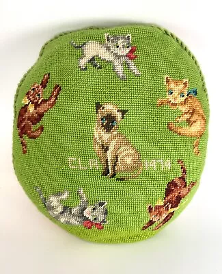 Handmade Vintage 1970’s NEEDLEPOINT Fun Cat Round Pillow 10.75” X 11.75” • $45.99