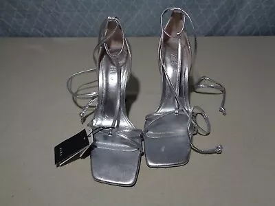 $30 • Buy ZARA Silver Metallic Heeled Strappy Sandals, EUR 42/USA 11