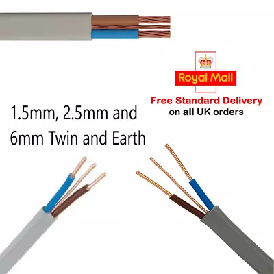 Twin & Earth Cable Of 1.5mm 2.5mm 6mm Lighting Socket Grey Wire - 1M To 25M • £12.99