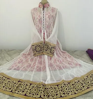 Anarkali Readymade Ladies Indian Pakistani Long Purple & White Dress Size 44 XL • £29.99