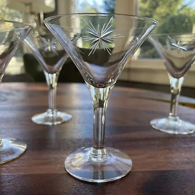 Vtg MCM Etched Atomic Starburst Martini Glasses Stunning 1960s Set Of 4 Stemware • $52