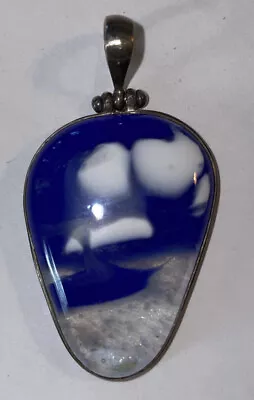 DICHROIC Artisan Blue Glass & Sterling Silver Jewelry Necklace Pendant Vintage • $29.99