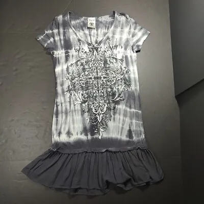 VINTAGE Vocal Black Tattoo Studded Ruffle Pleated Mini Y2K T-Shirt Dress Large • $29.75