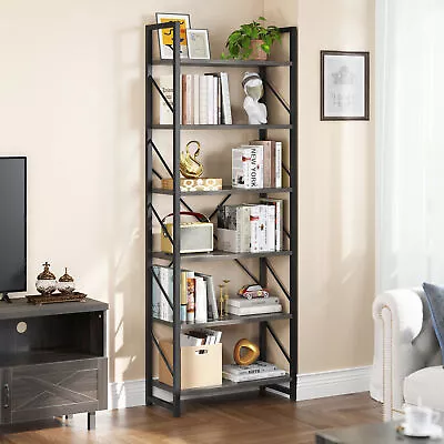 70'' Tall 6-Tier Bookshelf Metal & Wood Bookcase Open Storage Shelf Display Rack • $62.99