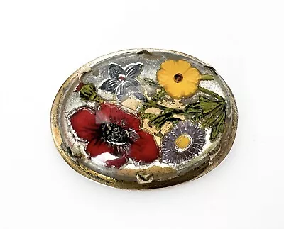 Vintage Intaglio Glass Flower Brooch Reverse Carved Painted Floral Pin • $15.99