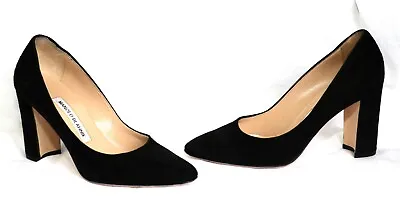 MANOLO BLAHNIK Tucciototo Block Heel Black Suede Pumps Shoes Heels Womens Size 6 • $174