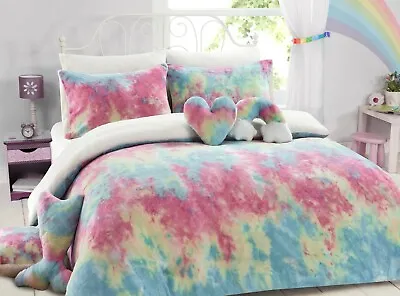 Teddy Bear Rainbow Fleece Tie Dye Duvet Cover Fitted SheetThrow Cushion Cover • £5.99