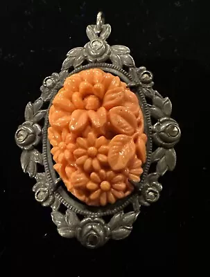 Antique Victorian Edwardian Carved Coral Flowers Marcasite Sterling Silver Penda • £139.75
