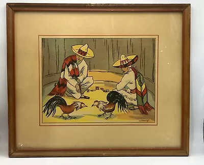 Mexican Folk Art Print Framed Morris And Bendien Inc.  NY Cock Fight Scene • $35