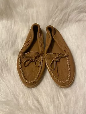 Vintage Minnetonka Moccasin Womens Size 8 1/2 Brown Tan Leather Slip On Shoes • $24