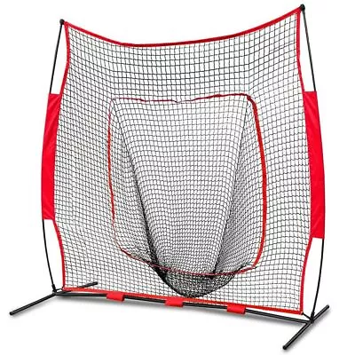 Baseball Softball Practice Hitting Net Bow Frame W/Red Bag & Ball Caddy 7'×7'  • $62.58