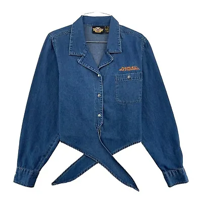 Harley-Davidson Women Top M Blue Cotton Denim Long Sleeve Snap Button Crop Top • $19.99