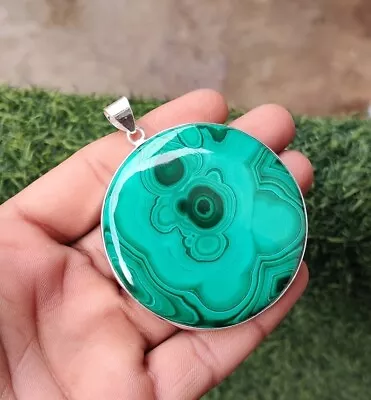 Solid 925 Sterling Silver Unique Large Malachite Round Cut Women Pendant H665 • $17.99