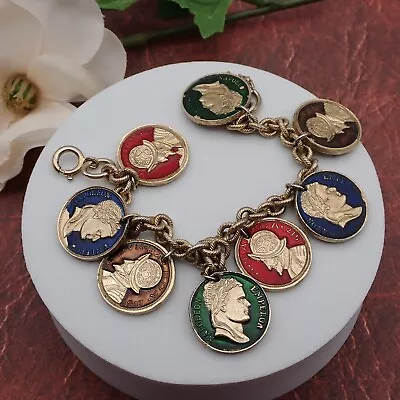 Vintage Trifari T Tag 8 Ancient Coin 7  Gold Tone Charm Bracelet • $39.95