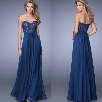 NWT La Femme Blue Strapless Maxi Formal Gown Dress Size 12 Lace Party Gala • $94.95