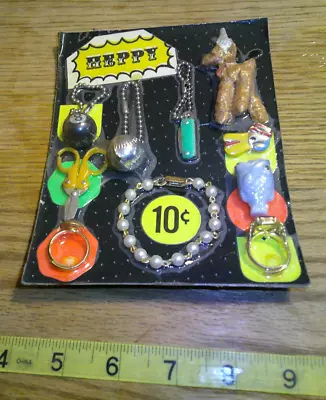 Original Vintage Display Card 10c Heppy  Rings Key Chains Charms   #jd443 • $25