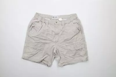 Vintage 90s Columbia Mens 34 Distressed Spell Out Cargo Shorts Beige Cotton • $35.95