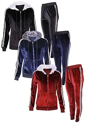 Womens Ladies Velour Velvet Hooded Top Trouser 2 Stripe Panel 2PCS Tracksuit Set • £19.99