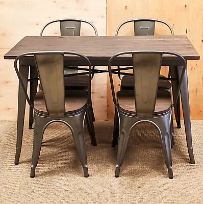 Tolix Tarnished Four 4 Chair & Table Set Wood Metal Retro French Bistro Cafe Bar • £49.98