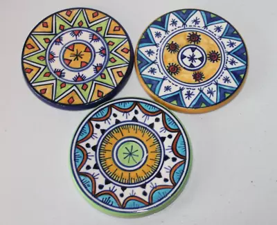 Pier One Ceramic Coasters Talavera Style Multicolored Design Round Set Of 3 • $15.99