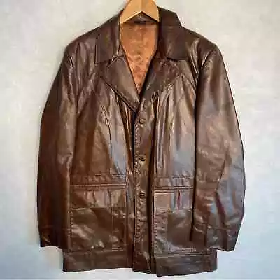 Vintage Brown Leather Blazer Coat Sz 40R 70s Nappa Leather By Grais USA Gorgeous • $89.99