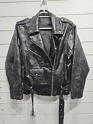 Vtg Leather Patchwork Black Cafe Racer Leather Motorcycle Jacket Coat Men Large  • $79.95