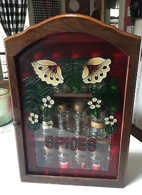 Vintage 70s Jay Imports Wooden Cabinet Faux Stained Glass Spice Rack 18 Bottles • $42