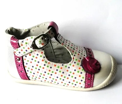 Babybotte Poitron Baby Girl's White Multi-Spotty Leather T-Bar Shoes • £10