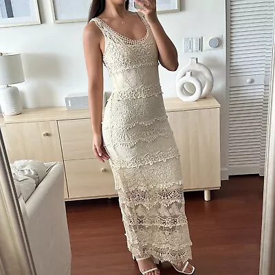 Vintage Crochet Dress Womens Small Lace Y2K Boho Sheath Cream Neutral Sugar Lips • $67.99