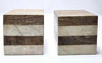 Wood And Marble Layered Block Bookends Set Of 2 Heavy 4  Tall  • $44.99