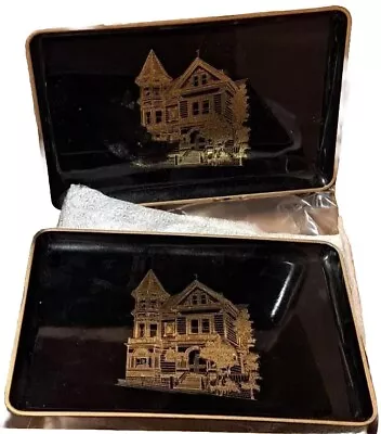 2 Vintage Victorian House Black Lacquer Tray Otagiri Japan 8.25 X5.75  Gold Trim • $18