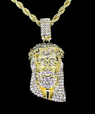 Iced CZ Jesus Pendant Hip Hop Fashion 14k Gold Plated W/ 24  Rope Chain • $9.45