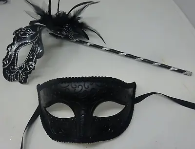 Couples Silver & Black Venetian Masquerade Party Carnival Eye Ball Mask On Stick • £22.99