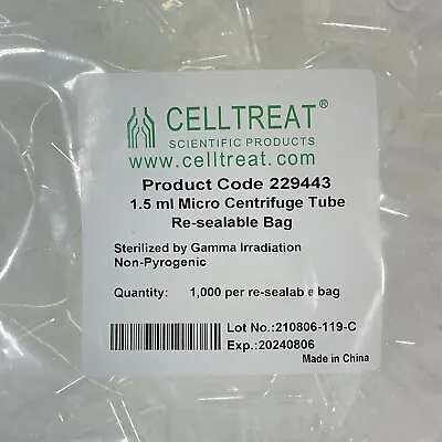 Celltreat 1.5ml Micro Centrifuge Tube W/ Attch Cap / 1000 Tubes • $15