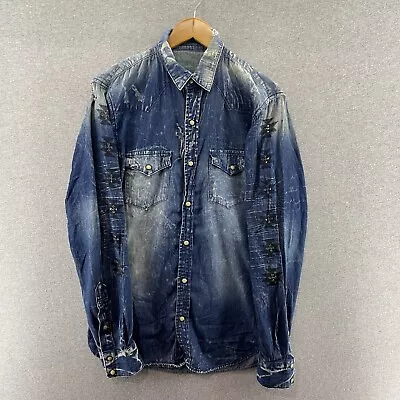 Robin's Jean Mens Shirt Blue Small Pearl Snap Denim Graphic Faded Distressed • $24.90
