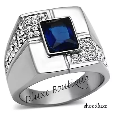 Men's Radiant Cut Dark Blue Montana Aaa Cz Silver Stainless Steel Ring Size 8-13 • $15.99